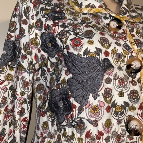 Ivy Jane women’s small tunic top jacket floral embroider plaid white red birds - Picture 5 of 11